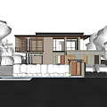 Modern Single Family House Exterior Design With Green Shrubs Driveway And Parked Cars