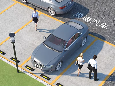 Gray Audi Cars Parked In Parking Lot With Yellow Lines And People Walking 3d model