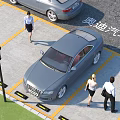 Gray Audi Cars Parked In Parking Lot With Yellow Lines And People Walking
