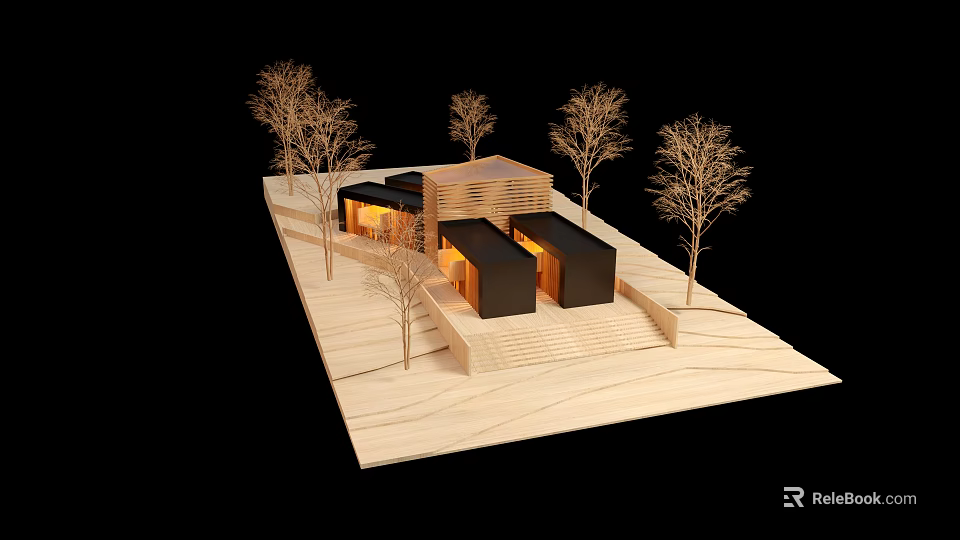 Modern Architectural Model Featuring Wooden Structures Trees And Platform Design 3d model 