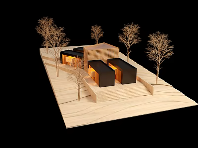 Modern Architectural Model Featuring Wooden Structures Trees And Platform Design 3d model