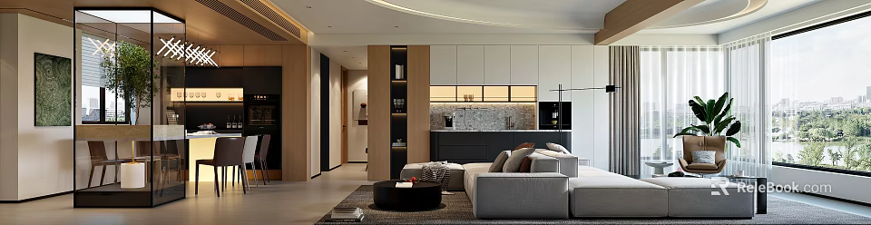 Modern Living and Dining Room Interior Design With Open Concept Sofa Coffee Table And Cabinets 3d model 