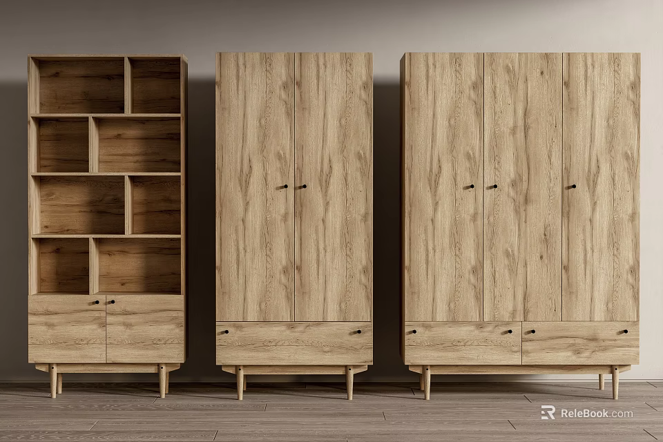 Modern Wooden Wardrobe With Double Doors Drawers And Matching Open Shelving 3d model 