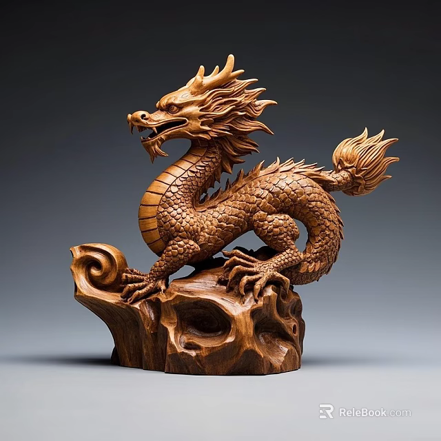 Wooden Dragon Sculpture Intricate Carving With Detailed Scales Claws Flame Tail On Rock Base 3d model 