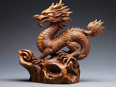 Wooden Dragon Sculpture Intricate Carving With Detailed Scales Claws Flame Tail On Rock Base 3d model