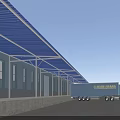 Modern Industrial Warehouse With Blue Canopy Roll Up Doors Windows And Hemplants Truck