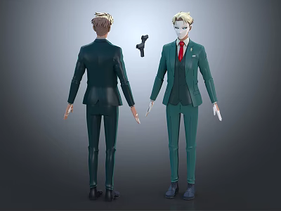 Two Character Models in Green Suits Featuring Red Tie Gun and Front Back Views 3d model