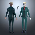 Two Character Models in Green Suits Featuring Red Tie Gun and Front Back Views 3d model