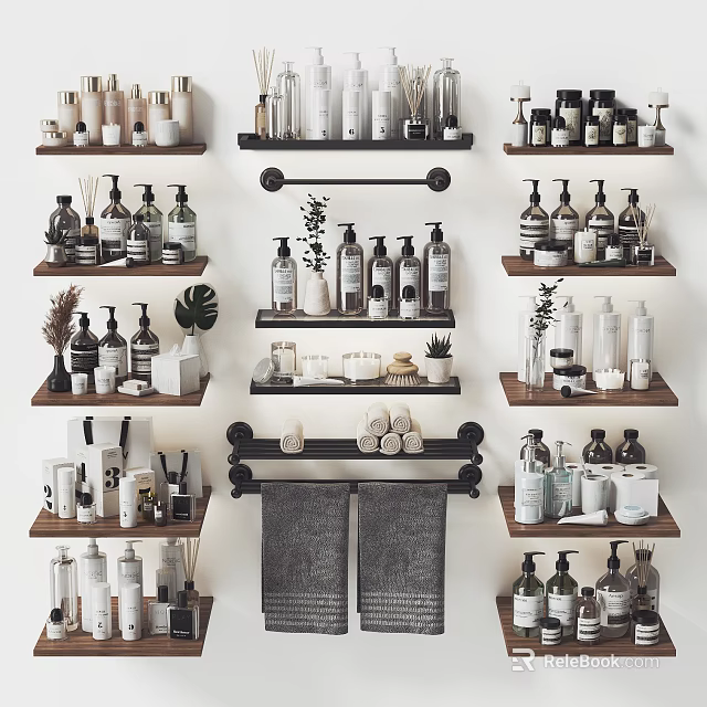 Organized Bathroom Accessories In Modern Bathroom Interior With Wall Shelves Bottles Towels And Towel Rack 3d model 