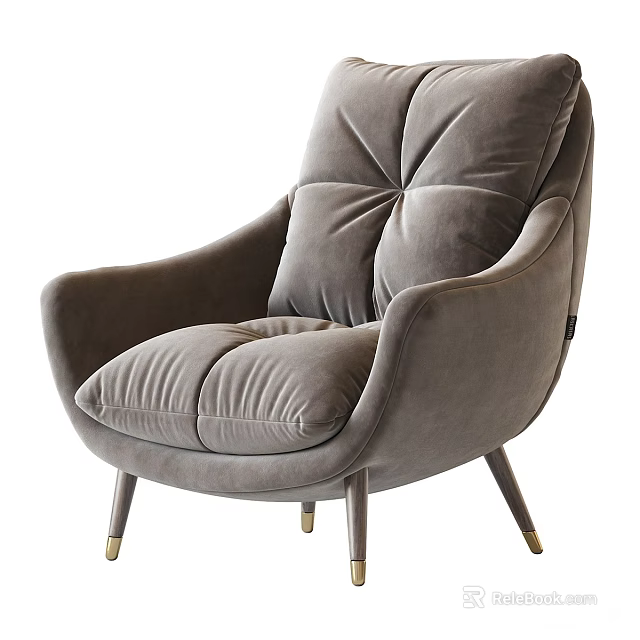 Gray Velvet Tufted Accent Chair With Curved Arms And Gold Metal Legs 3d model 