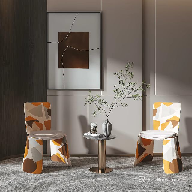 Modern Accent Leisure Chairs With Orange White Geometric Pattern And Small Table With Green Plant 3d model 