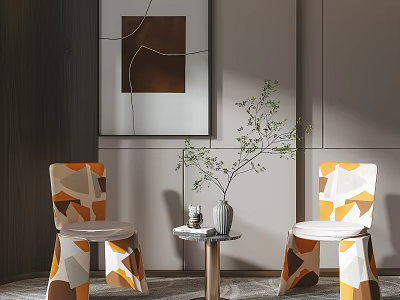 Modern Accent Leisure Chairs With Orange White Geometric Pattern And Small Table With Green Plant 3d model