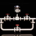 Industrial Pipeline System Featuring Control Valves And Metallic Pipes With Red Handles