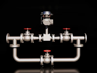 Industrial Pipeline System Featuring Control Valves And Metallic Pipes With Red Handles 3d model