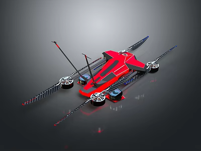 Red Streamlined Vehicle With Black Blue Details Four Wheels And Striped Wings Dark Background 3d model