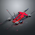 Red Streamlined Vehicle With Black Blue Details Four Wheels And Striped Wings Dark Background