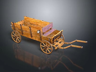 Old Fashioned Wooden Wagon With Four Wheels And Wooden Seat Carriage Structure 3d model