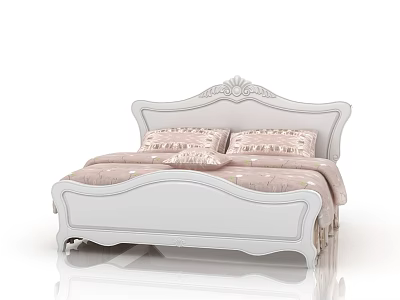 Classic White Double Bed With Carved Headboard And Pink Bedding 3d model