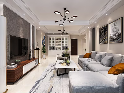Modern Living Room Interior With Gray Sofa Orange Pillows Coffee Table And Decorative Paintings 3d model