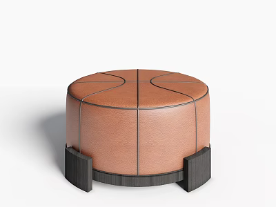 Brown Leather Footstool With Basketball Stitch Design And Black Wooden Legs 3d model