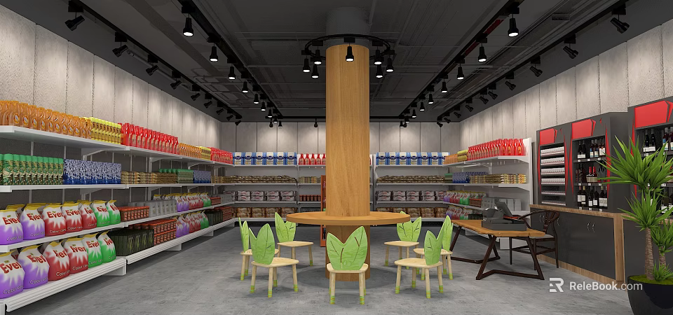 Modern Supermarket Interior With Wooden Pillar Shelves Green Leaf Chairs And Products 3d model 