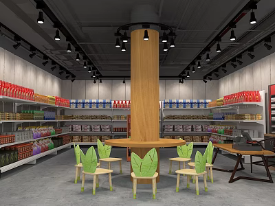 Modern Supermarket Interior With Wooden Pillar Shelves Green Leaf Chairs And Products 3d model