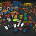 Decorative Ornament Combination with Various Colorful Barrels Boxes Toys and Tools