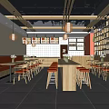 Modern Restaurant Interior With Wooden Decor Long Bar Counter Red Seats And Hanging Lamps
