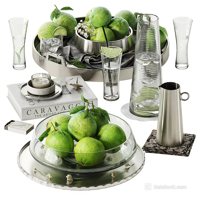 Fresh Green Limes in Glass Bowl with Metal Containers Glassware Caravaggio Book on Silver Trays 3d model 