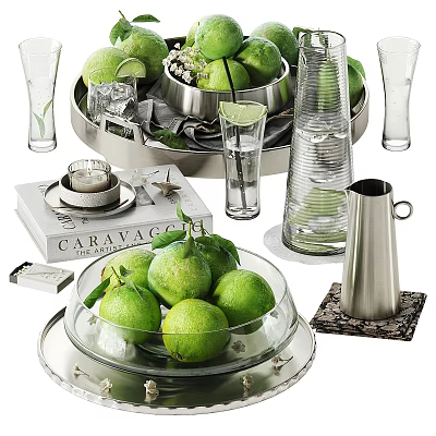 Fresh Green Limes in Glass Bowl with Metal Containers Glassware Caravaggio Book on Silver Trays 3d model