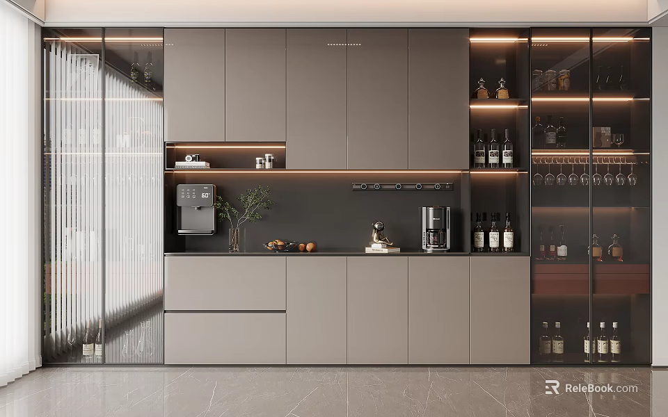 Modern Wine Cabinet Interior Design With Glass Door LED Lighting And Storage 3d model 