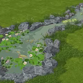 Beautiful Waterside Landscape With Green Grass Rocks Pond Water Lilies And Fish