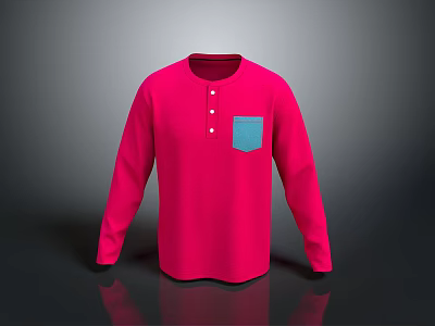 Realistic Style Long Sleeve Henry Shirt Long Sleeve Shirt Casual Clothing Henry Shirt Red Top Blue Pocket Clothing Virtual Clothing 3d model