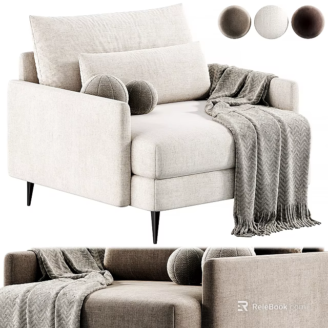 Modern Beige Fabric Single Sofa With Round Pillows Fringed Throw Blanket And Black Metal Legs 3d model 