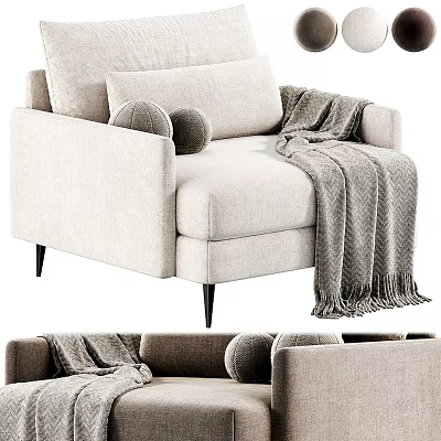 Modern Beige Fabric Single Sofa With Round Pillows Fringed Throw Blanket And Black Metal Legs 3d model