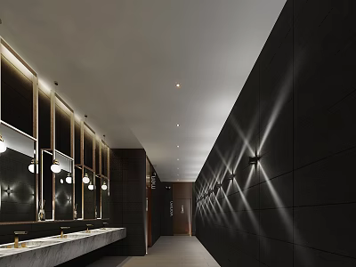 Modern Public Restroom With Sinks Mirrors Lighting And Dark Walls 3d model