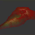 3D Volcanic Terrain Model With Green Yellow Elevation And Central Cone
