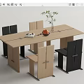 Modern Dining Table Set With Wooden Top Black And Beige Chairs Fruit Vase And Book
