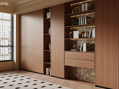 Modern Wooden Bookcase With Shelves Books Decorative Items And Drawer In Elegant Room 3d model