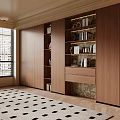 Modern Wooden Bookcase With Shelves Books Decorative Items And Drawer In Elegant Room