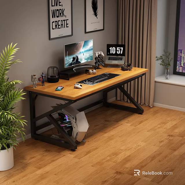Wooden Office Desk with Computer Monitor Keyboard Mouse Near Indoor Plant Curtain On Wooden Floor 3d model 