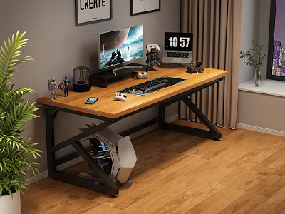 Wooden Office Desk with Computer Monitor Keyboard Mouse Near Indoor Plant Curtain On Wooden Floor 3d model