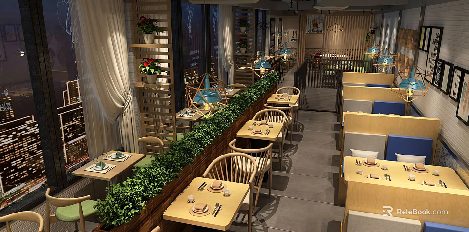 Cozy Restaurant Interior With Wooden Tables Chairs Green Plant Partitions Wall Decorations And Curtains 3d model 