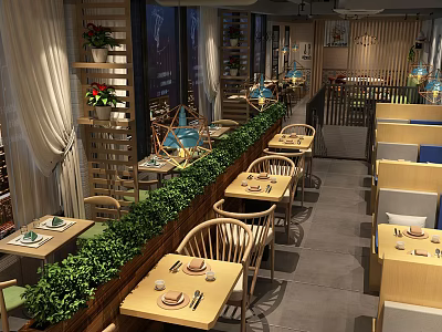 Cozy Restaurant Interior With Wooden Tables Chairs Green Plant Partitions Wall Decorations And Curtains 3d model