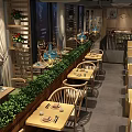 Cozy Restaurant Interior With Wooden Tables Chairs Green Plant Partitions Wall Decorations And Curtains