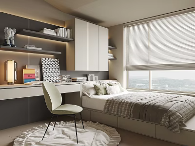 Modern Tatami Bedroom Interior With Tatami Bed Desk Chair And Large Window View 3d model