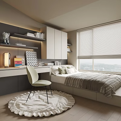 Modern Tatami Bedroom Interior With Tatami Bed Desk Chair And Large Window View 3d model