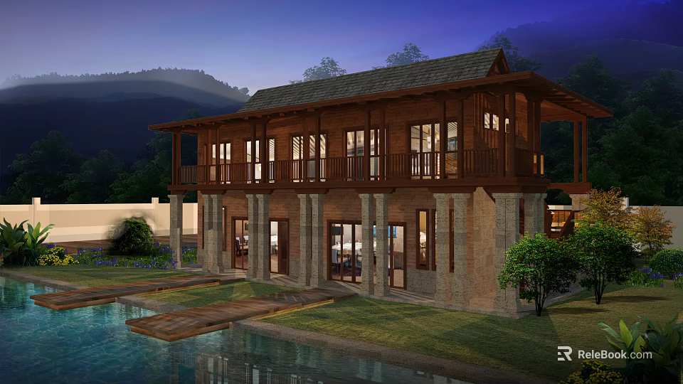 Traditional Homestay Building With Wooden Stone Exterior Water Pool Lawn And Mountain View 3d model 