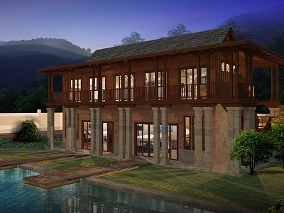 Traditional Homestay Building With Wooden Stone Exterior Water Pool Lawn And Mountain View 3d model
