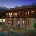 Traditional Homestay Building With Wooden Stone Exterior Water Pool Lawn And Mountain View